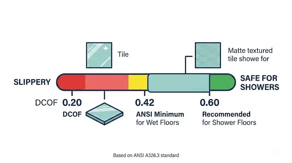 Tile slip resistance chart with DCOF ratings ranging from slippery to safe for showers