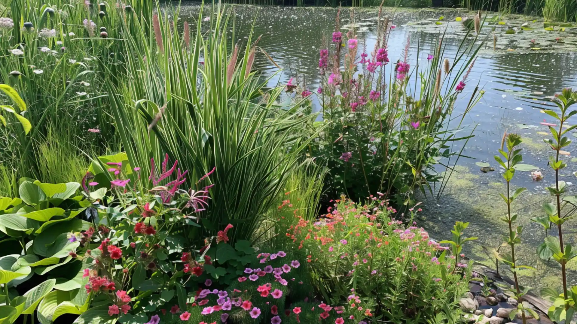 sunlit backyard pond covered with lily pads surrounded by lush green plants.
