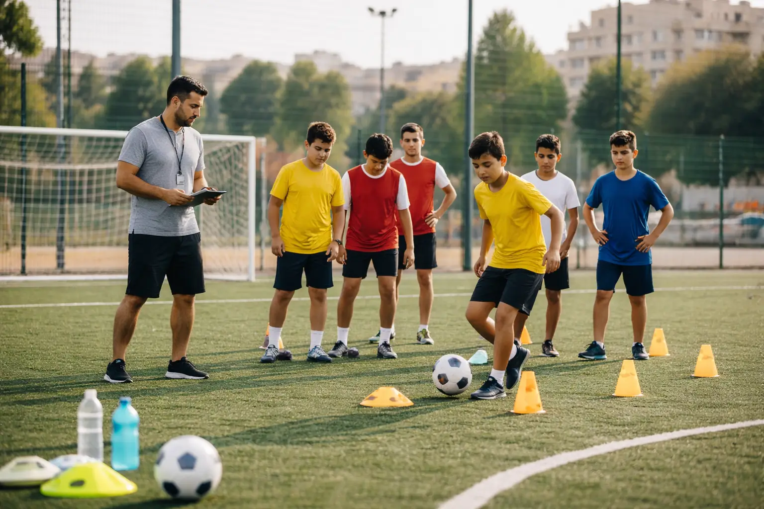 Boys practicing soccer skills with coach on an outdoor field