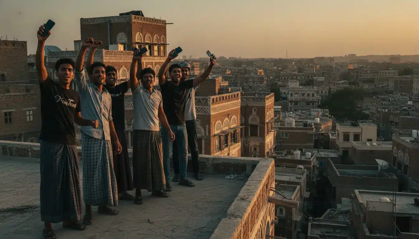 Men holding phones and cheering on rooftop with cityscape at sunset in the background