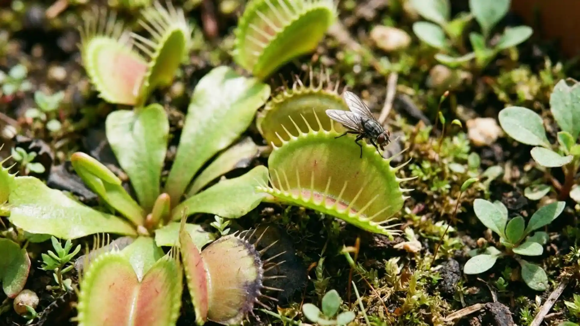 venus flytrap outdoors with a fly near its open trap in natural sunlight