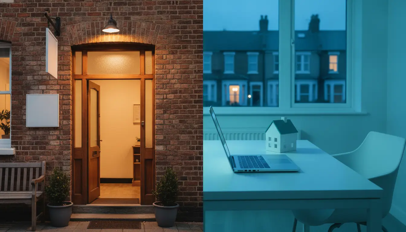 Warmly lit front door of brick house at night and modern workspace with laptop indoors