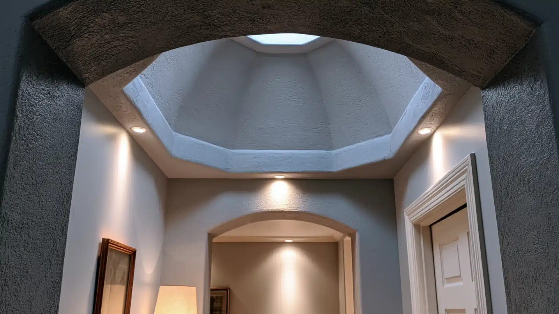 small octagonal dome vault ceiling with a central skylight above a hallway entrance