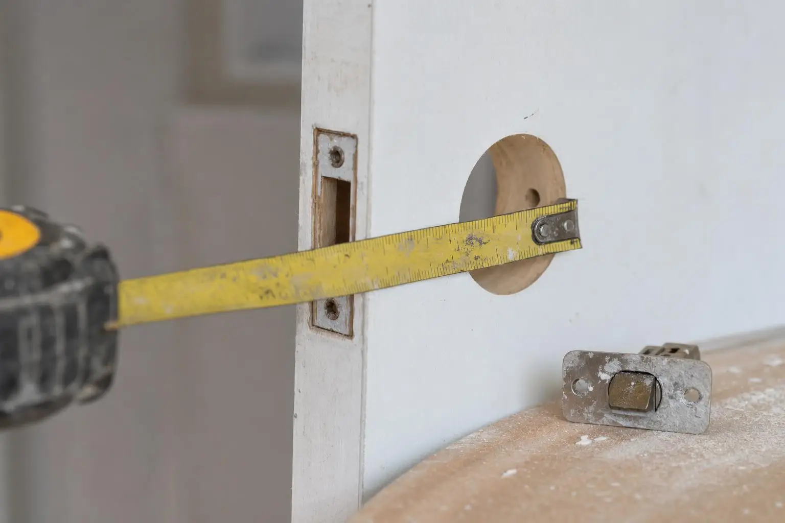 Yellow measuring tape and latch mechanism against a wooden door in a workshop setting