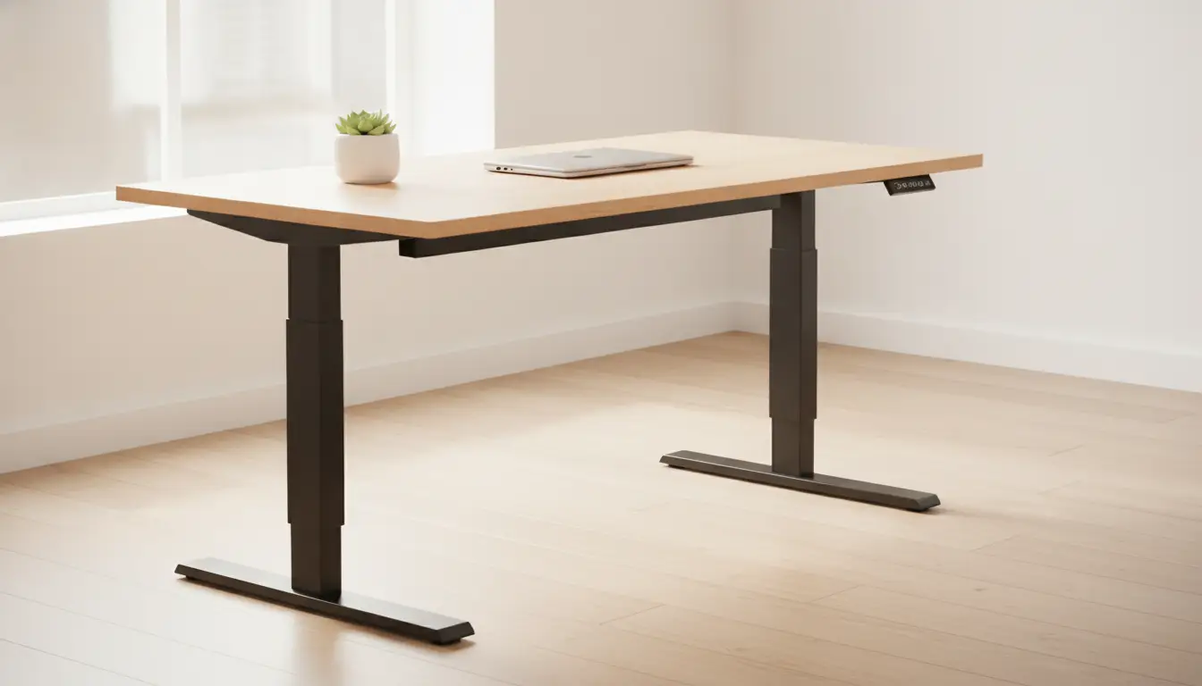 Standing desk with light wood top and black metal legs in minimal office setting