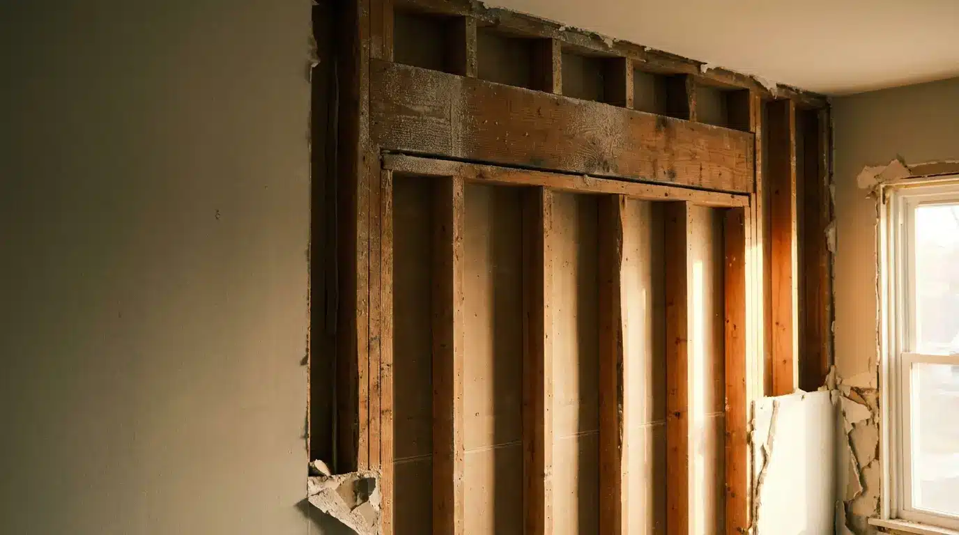 Exposed wooden beams in partially demolished wall under soft natural light