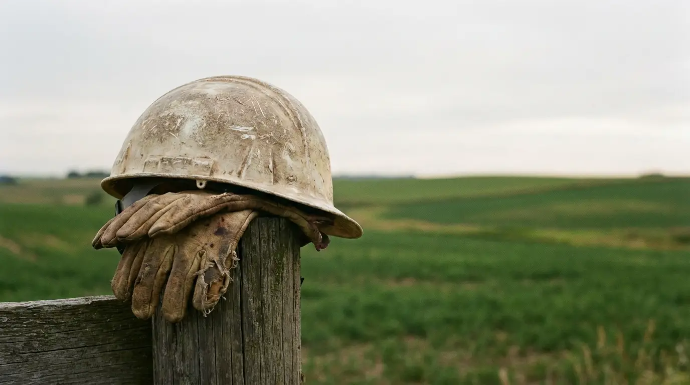 Worn construction helmet and gloves on fence post in rural field under overcast sky