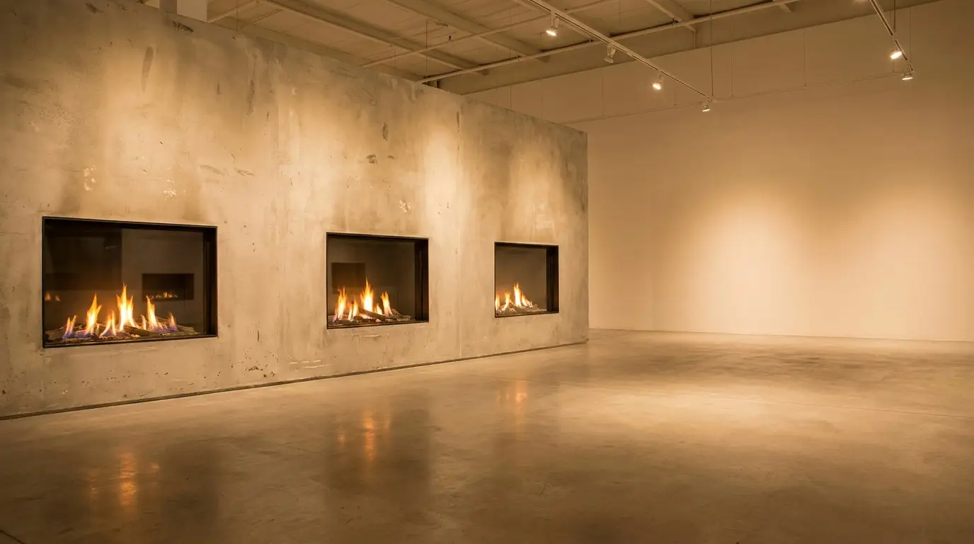 Three modern fireplaces with flames in a spacious industrial-style room
