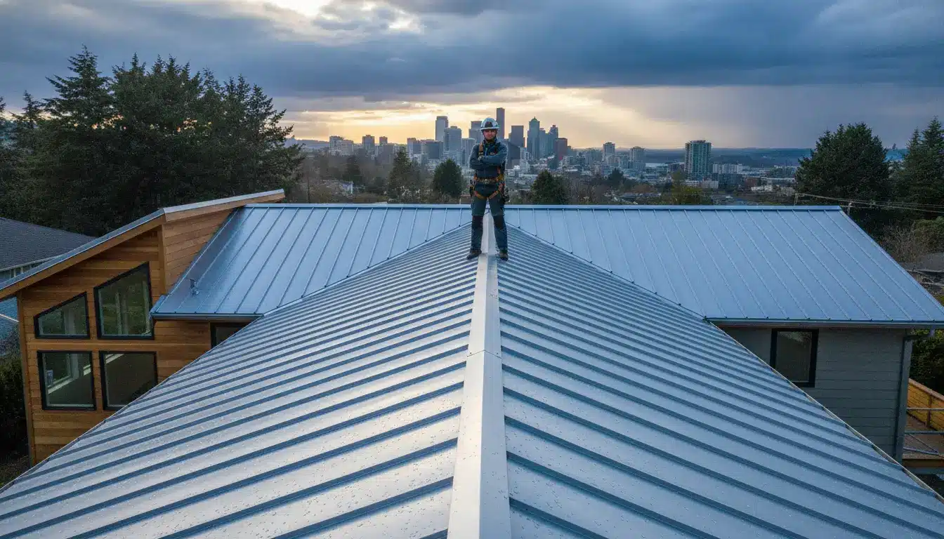 Person standing on metal roof overlooking city skyline at sunset under cloudy sky