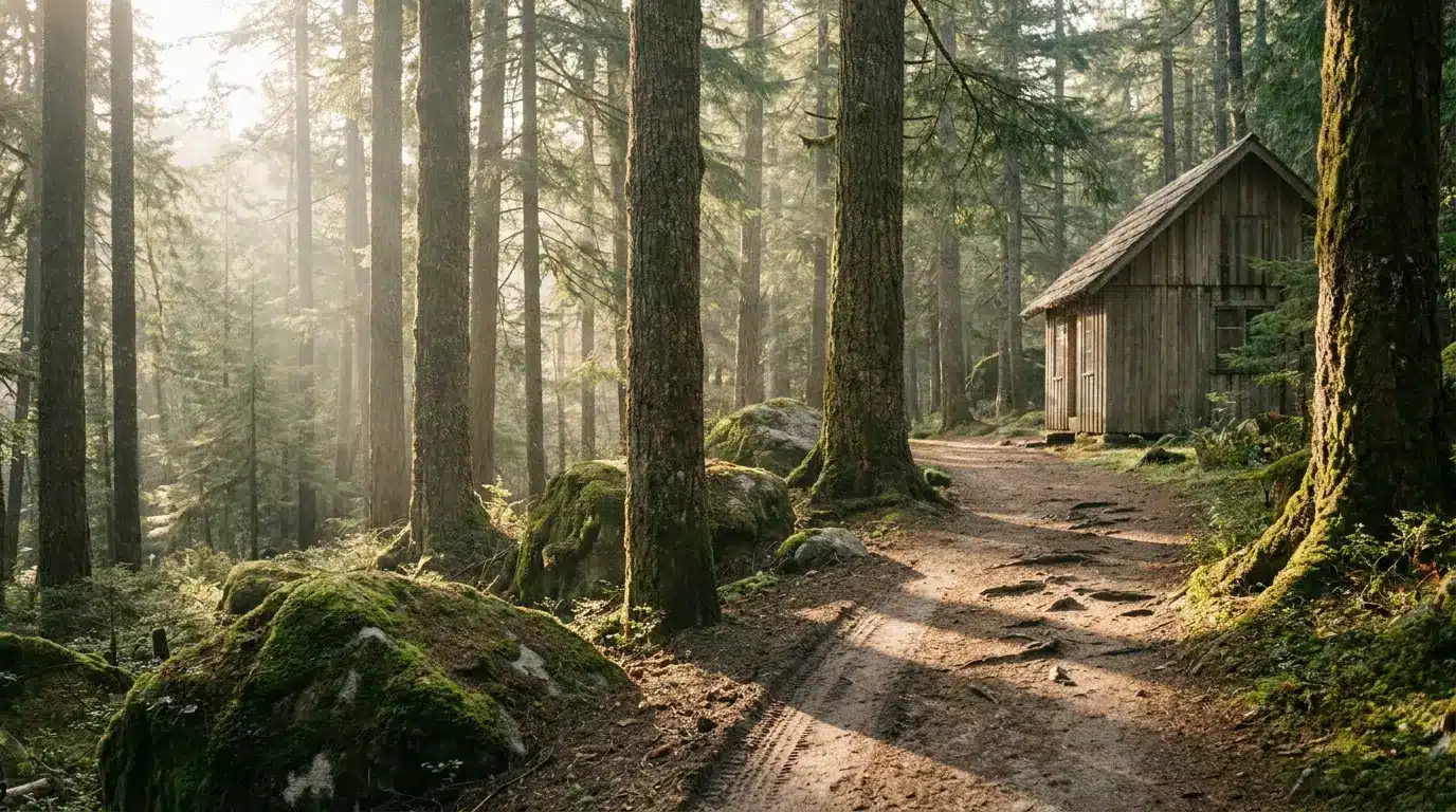 Cabin in lush forest surrounded by tall trees and moss-covered rocks