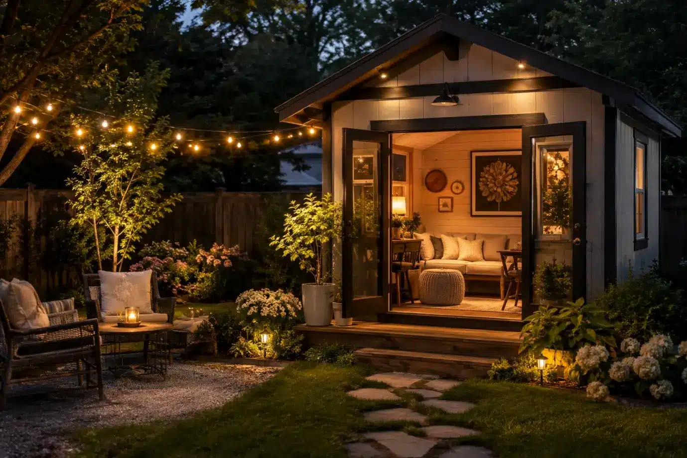 Backyard shed with string lights and cozy seating area in evening garden setting