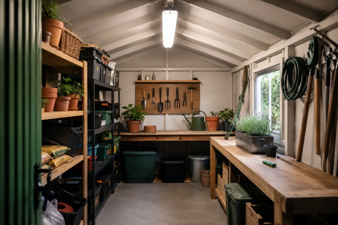 Garden tools and potted plants in organized shed with wooden shelves and bright overhead lighting
