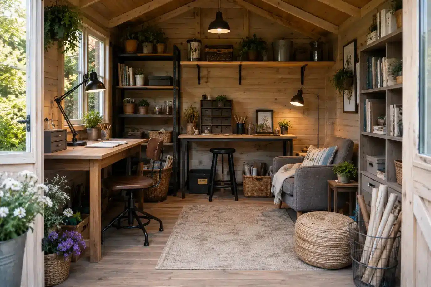 Cozy wooden garden studio with desk, chair, shelves, and plants under warm lighting