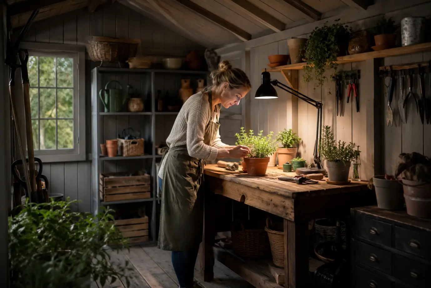 Gardener tending to potted herbs in rustic, dimly lit workshop with wooden shelves