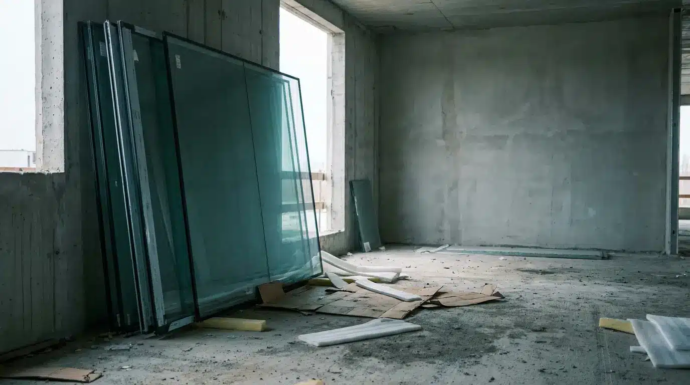 Glass panels leaning against concrete wall in unfinished construction site with debris on floor