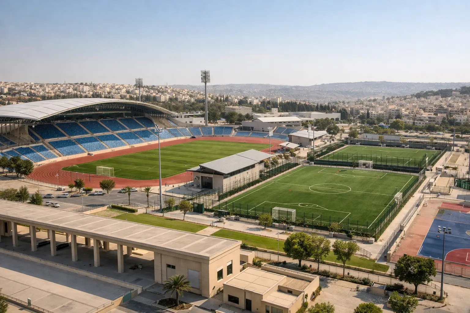 Wide-angle view of sports complex with large stadium, green football fields, and surrounding cityscape