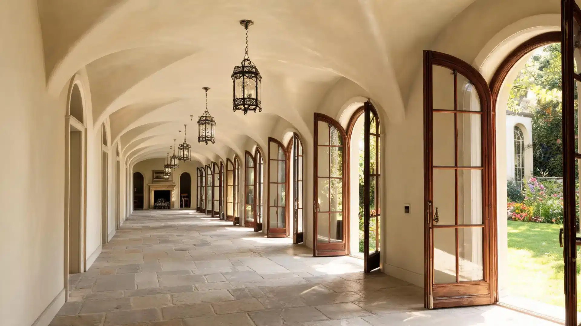 groin vault corridor with arched glass doors, hanging lanterns and a garden view outside