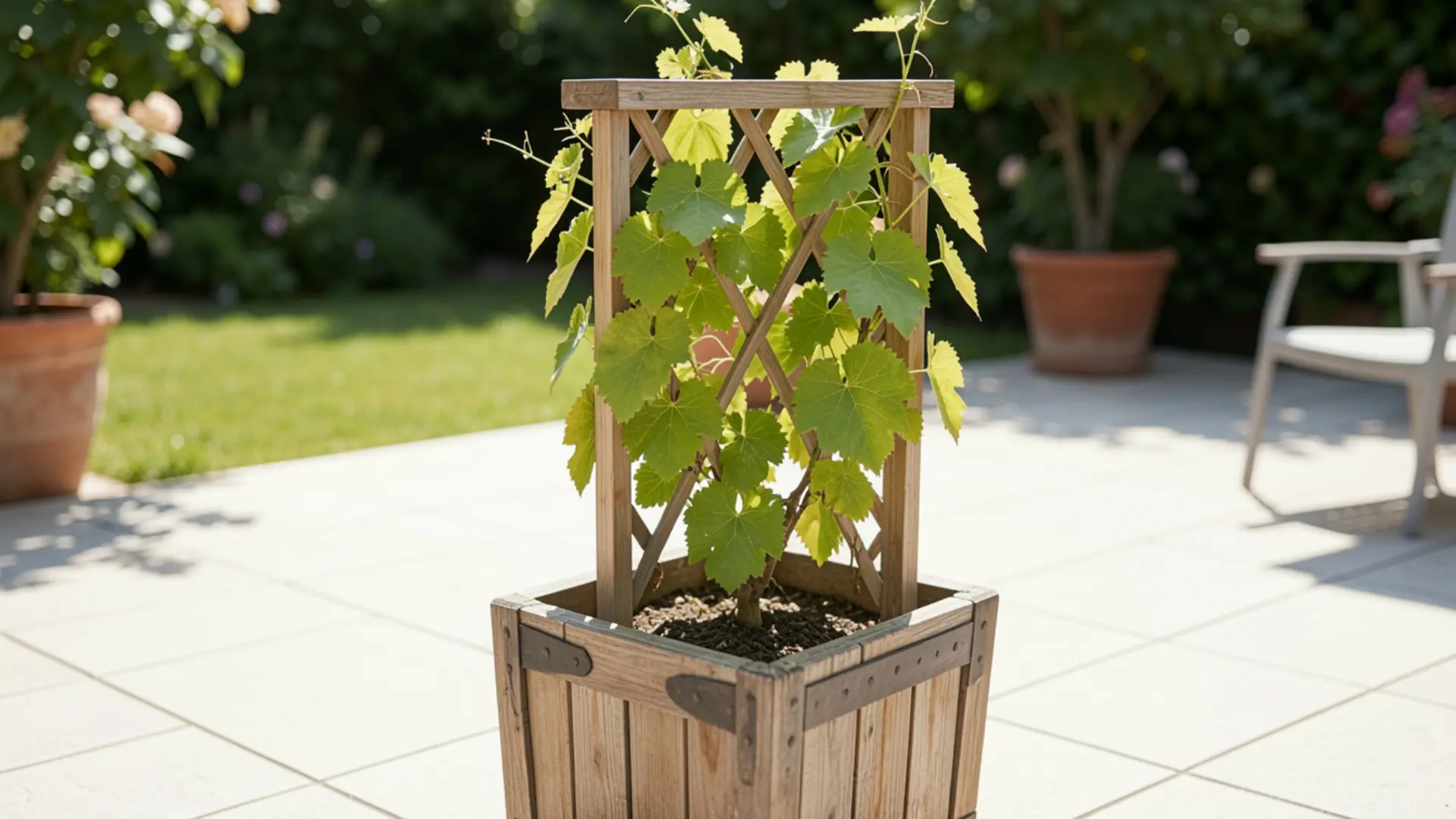 young grape vine growing in a large container on a patio
