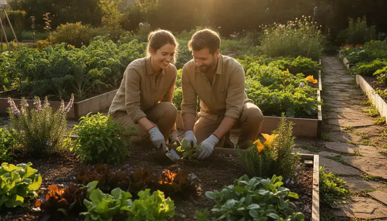 Two people gardening in a lush vegetable patch under warm sunset light