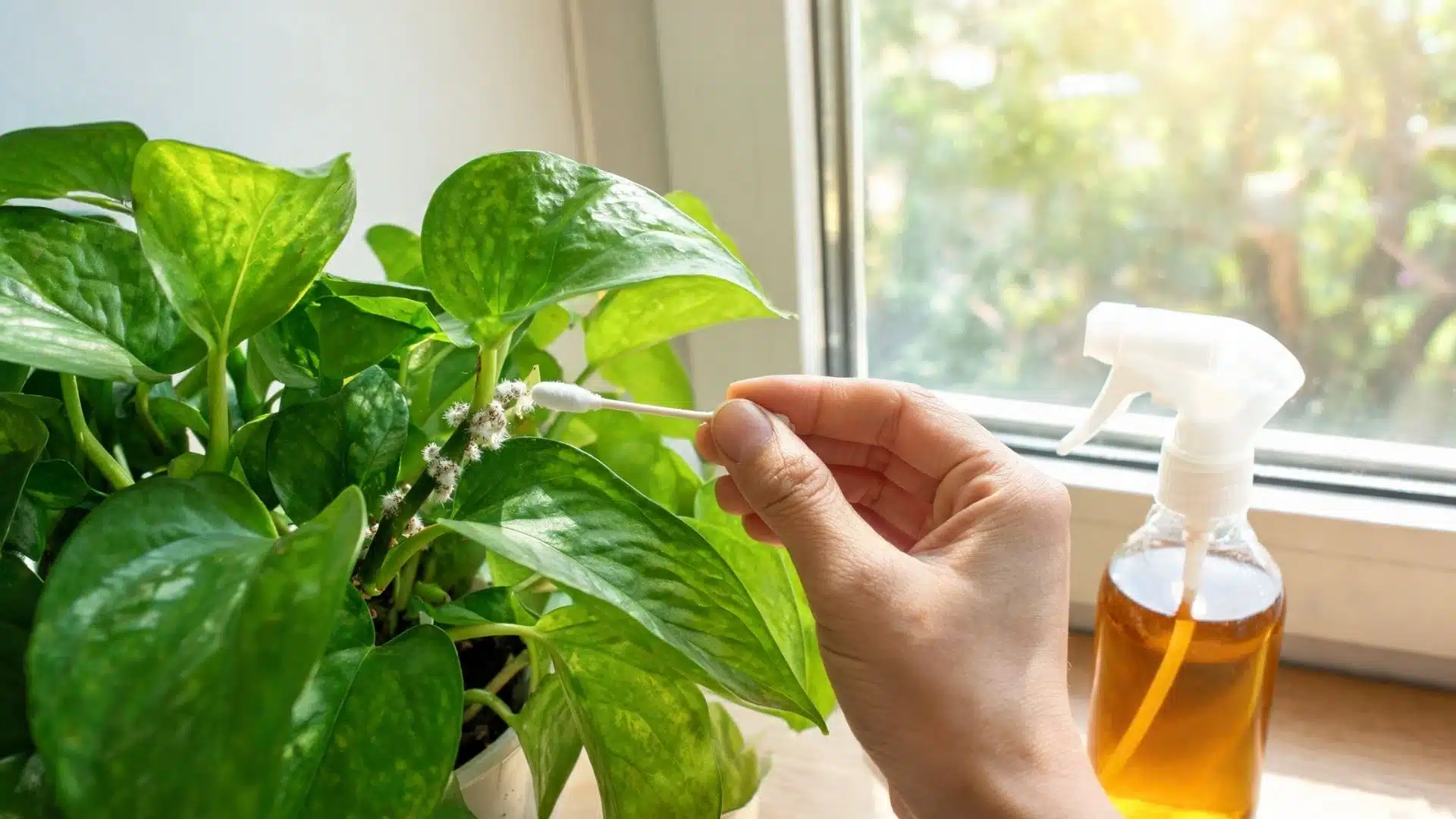 hand-removing-mealybugs-from-a-houseplant-leaf-with-cotton-swab-near-spray-bottle