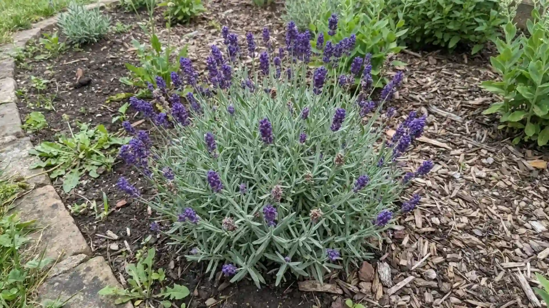 hidcote lavender compact mound with dense deep violet spikes in overcast garden light