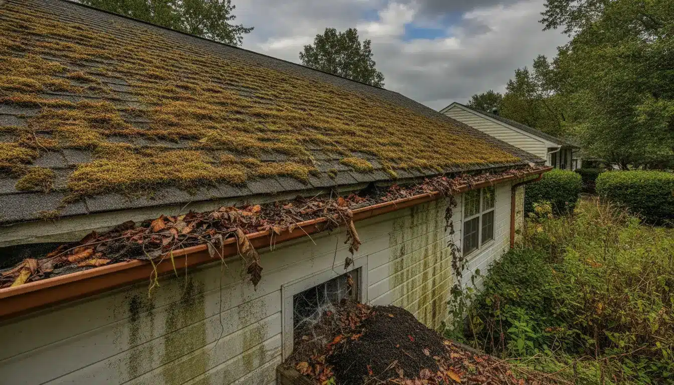 House roof covered with moss and leaves in neglected outdoor setting