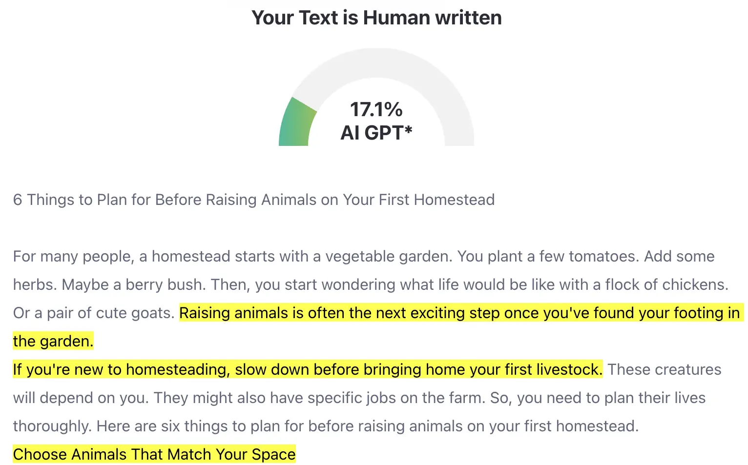 Human-written score with highlighted text on blog post about raising animals