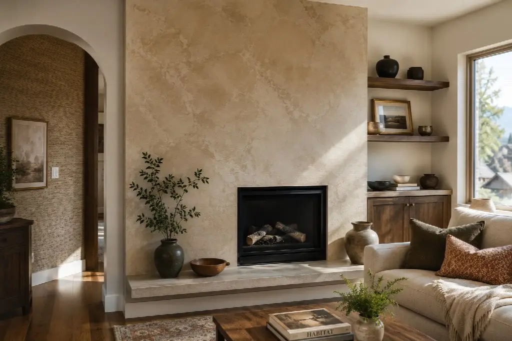 Modern living room with fireplace, beige stone walls, wooden shelves, and potted plants in natural light