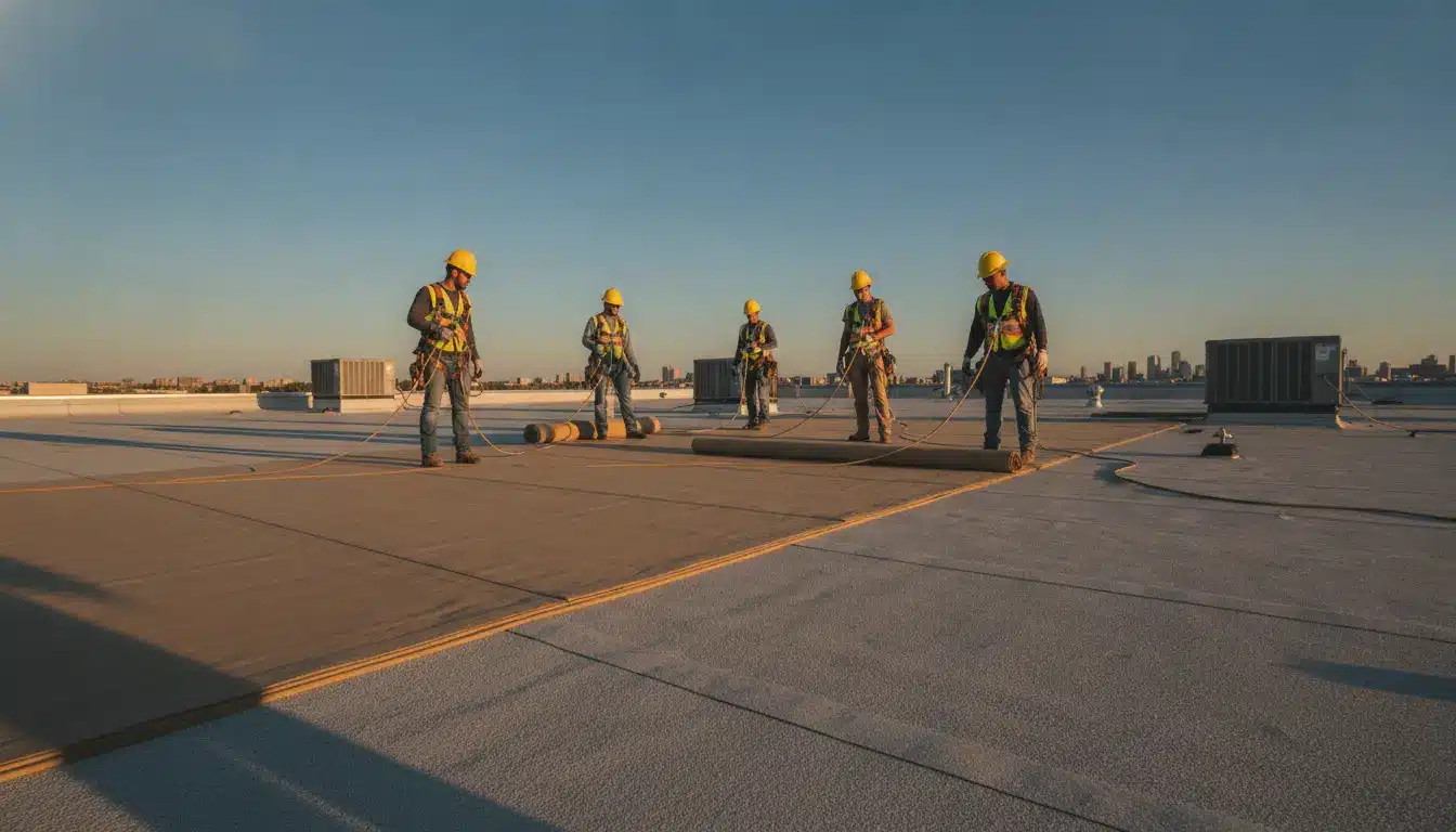 Workers wearing safety gear installing roofing material at sunrise on a flat rooftop