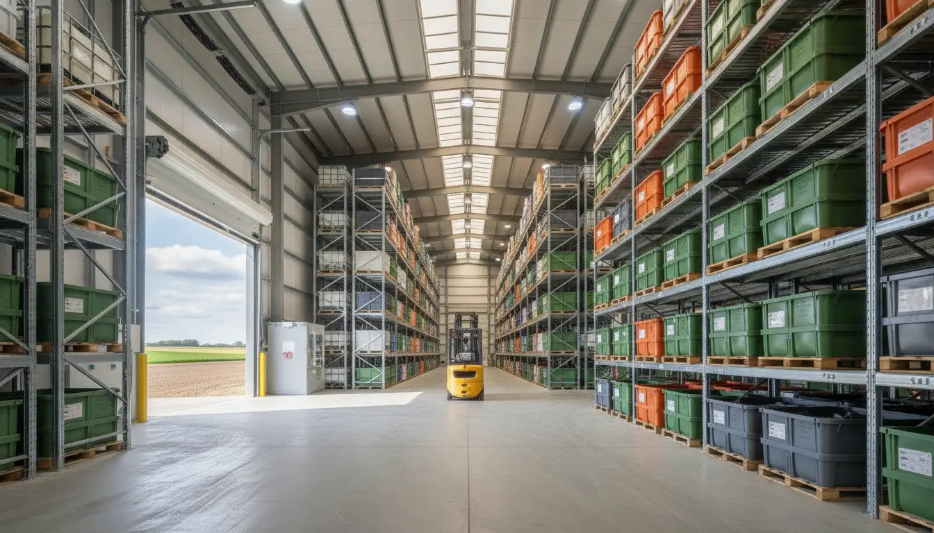 Forklift between tall shelves with colorful storage bins in a spacious, brightly lit warehouse