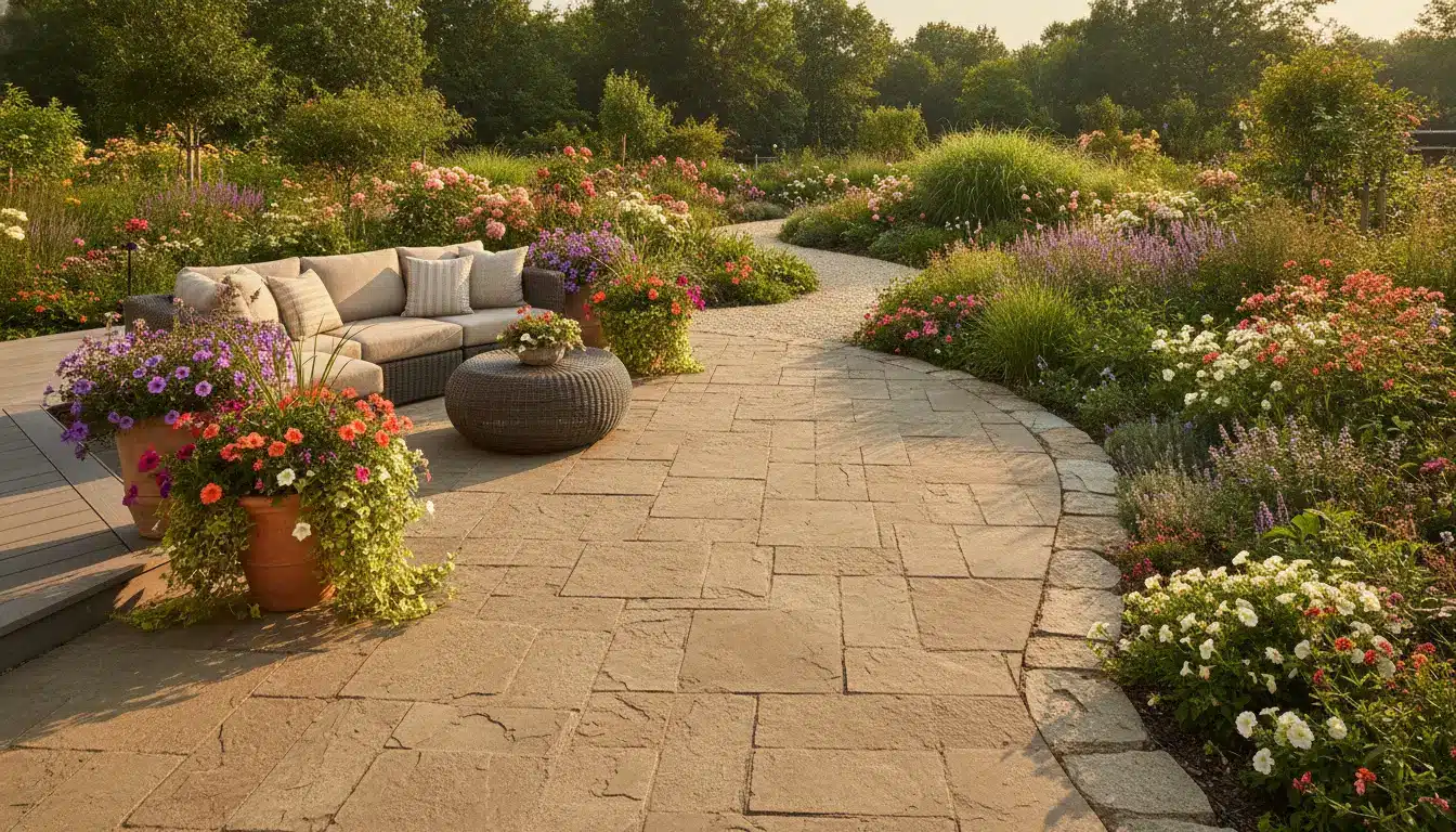 Stone patio with wicker furniture and vibrant flower garden in sunlit outdoor setting