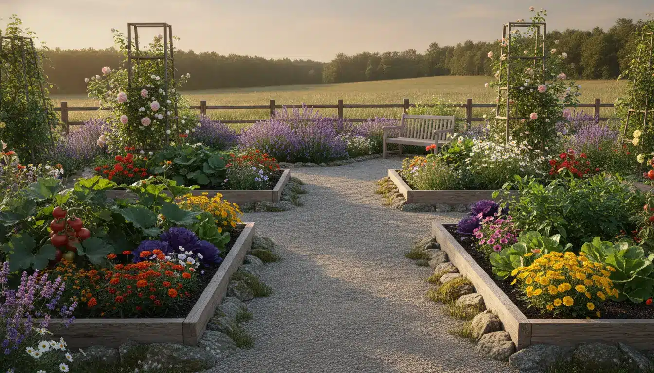 Lush garden with colorful flowers and vegetables in wooden raised beds with a distant bench
