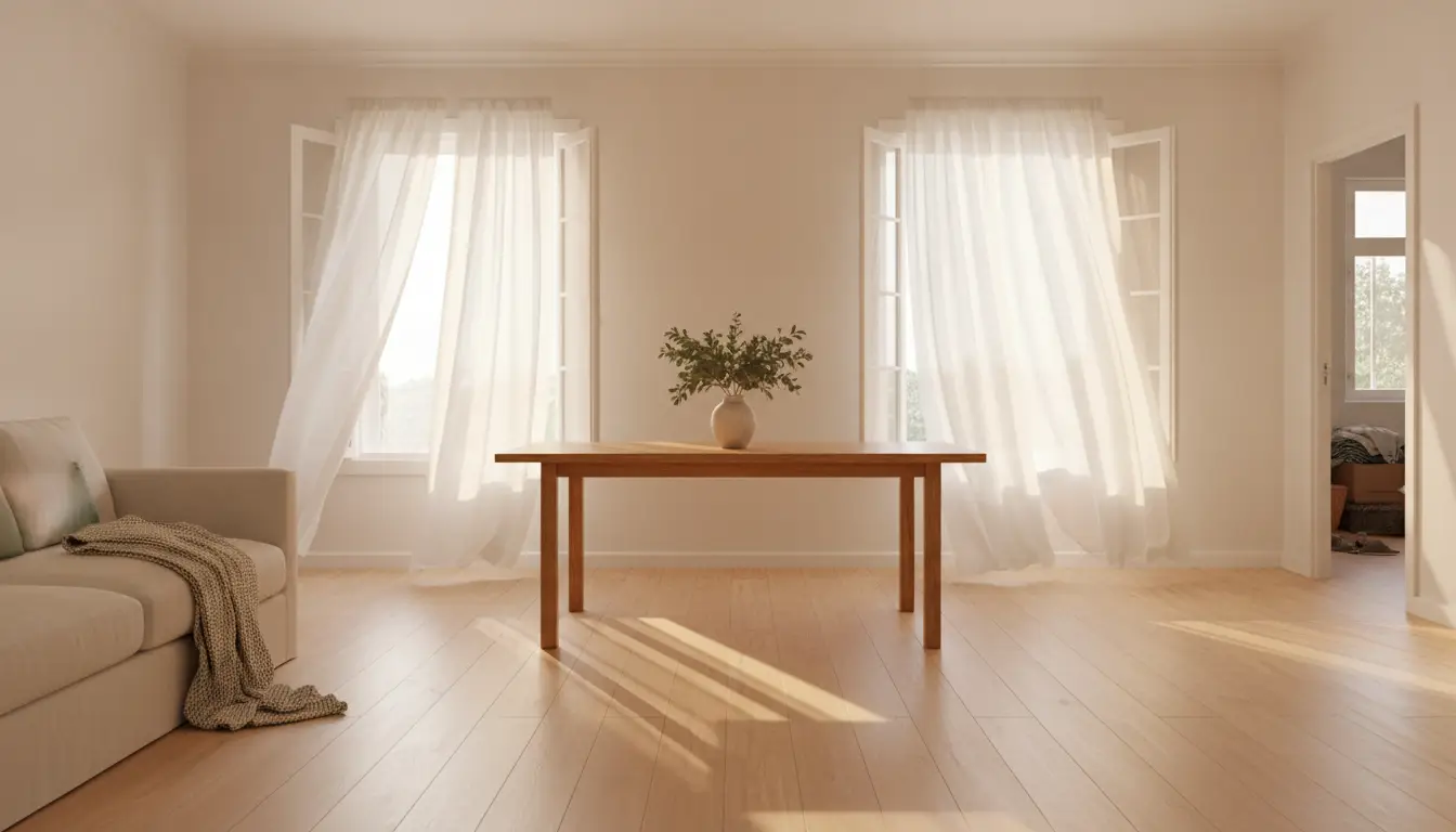 Minimalist living room with wooden table, vase of greenery, and sunlight through sheer curtains