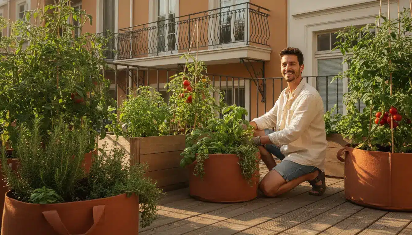 Man tending tomato plants and herbs in rooftop garden with orange planters