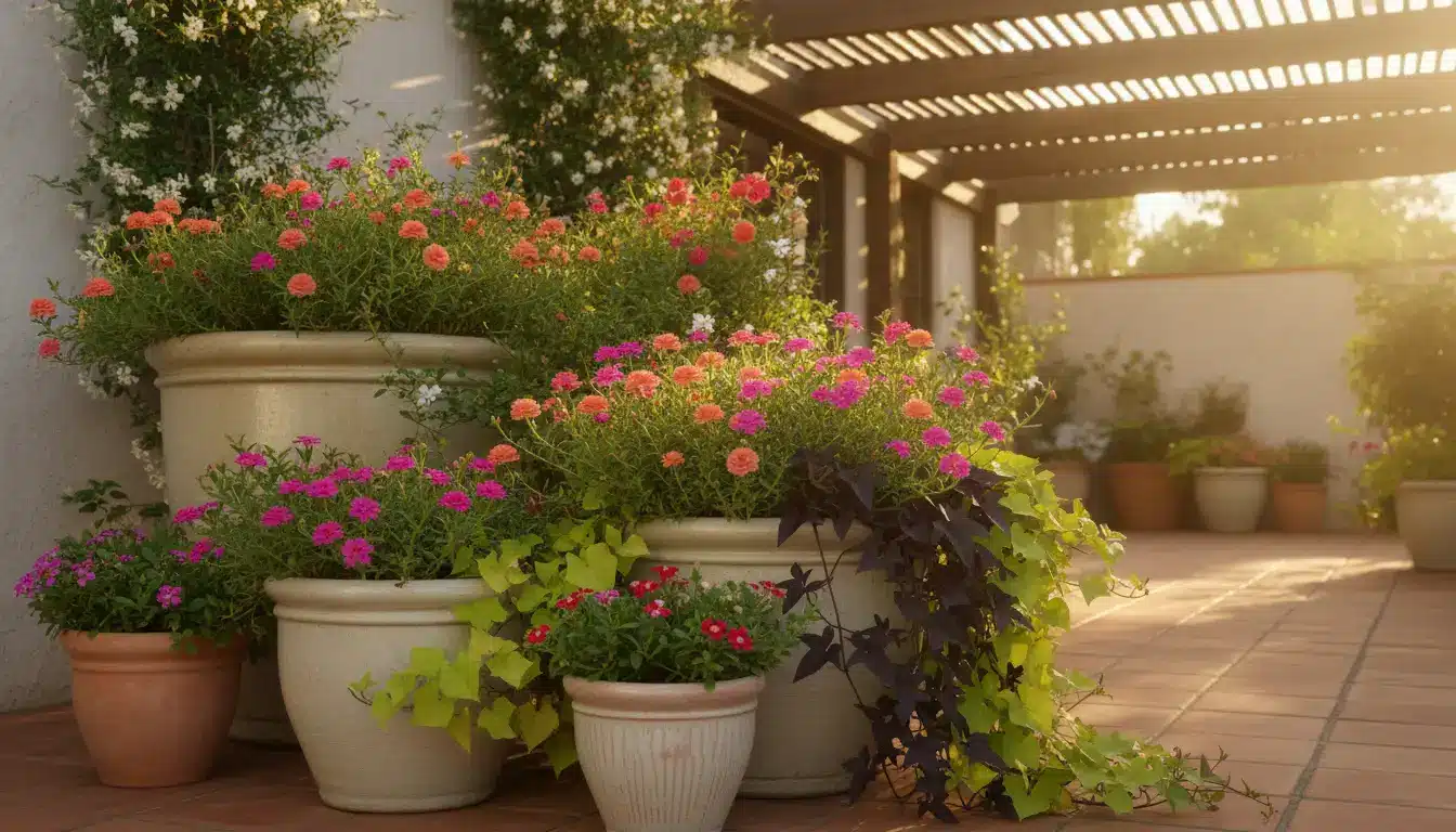 Potted flowers in terracotta planters on sunlit patio with pergola overhead