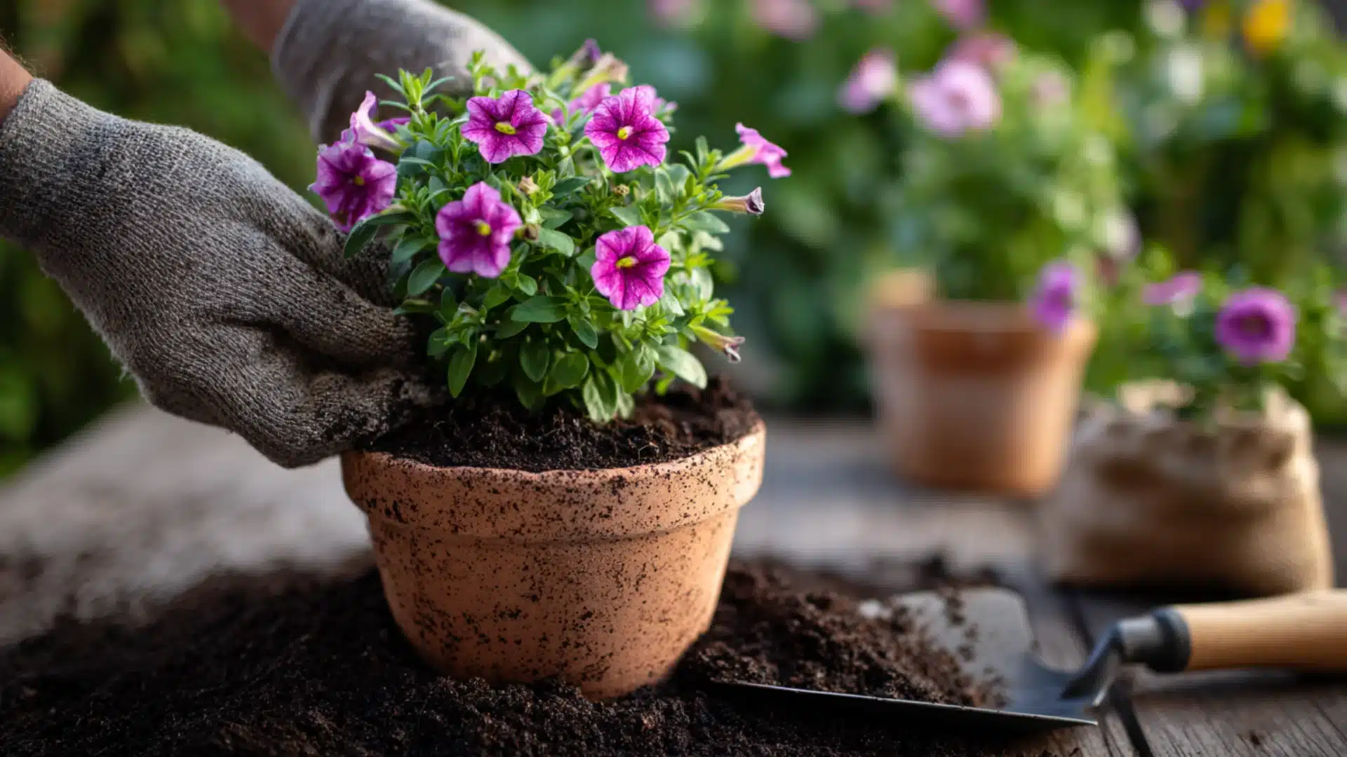 gardener planting purple calibrachoa flowers into a terracotta pot filled with dark soil
