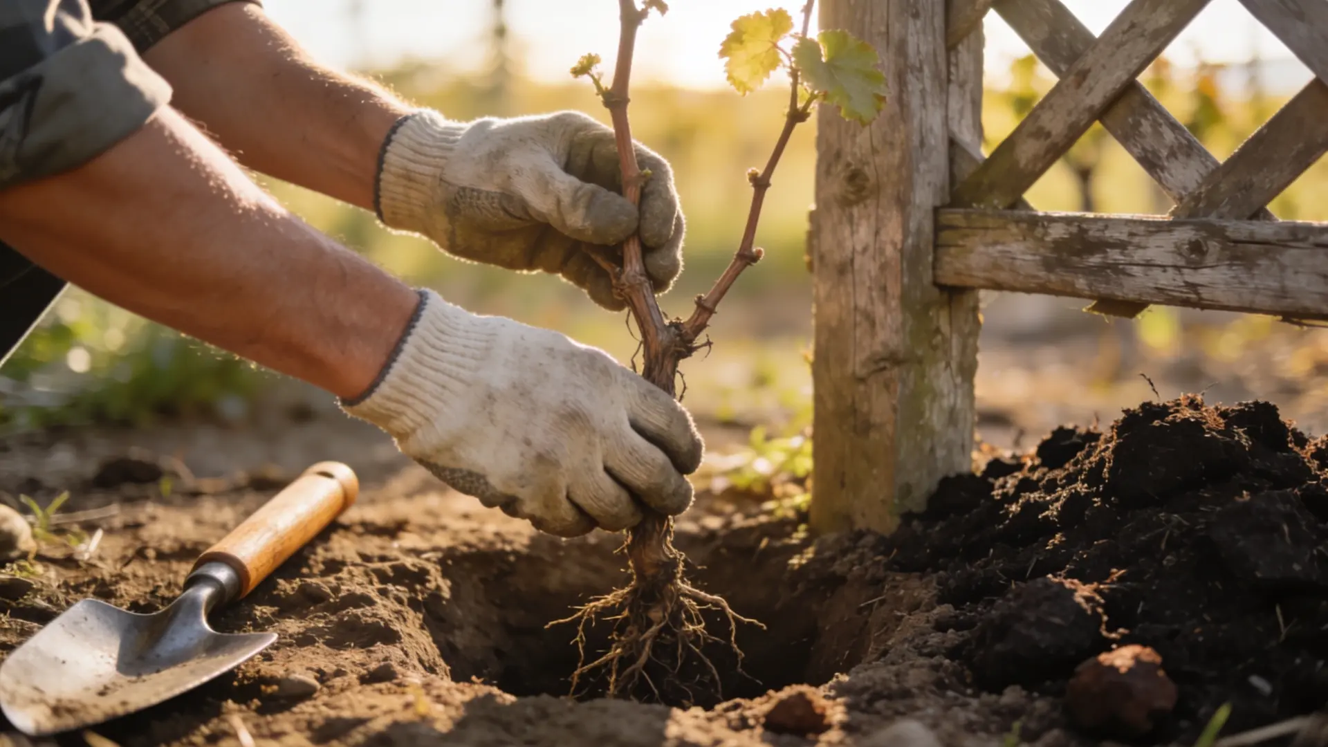 planting a young grapevine into a prepared hole near a trellis