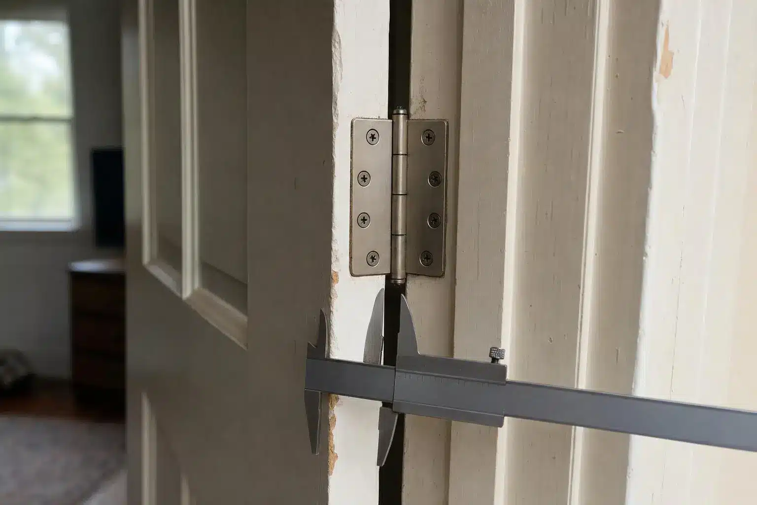 Caliper measuring gap between door and frame with metal hinge in indoor setting