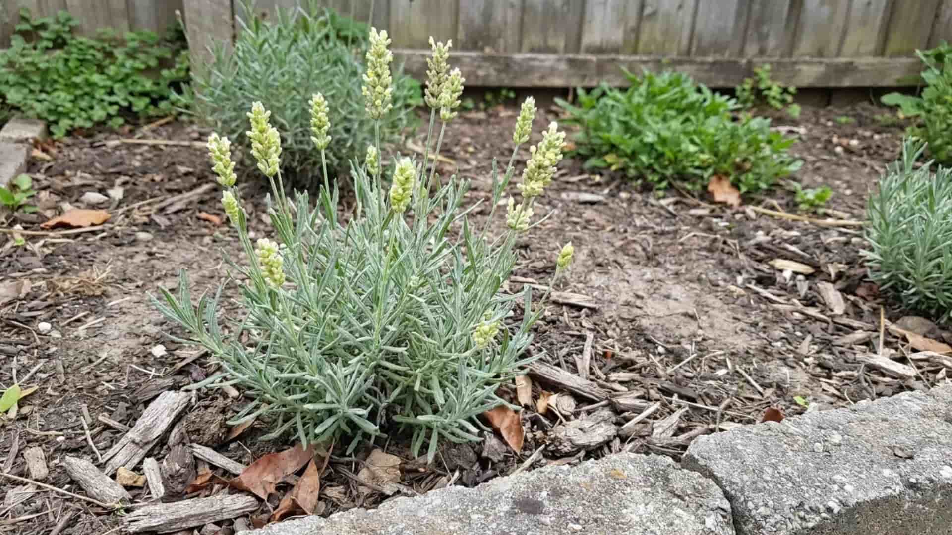 green lavender unusual pale green yellow flower spikes in a sunny garden bed