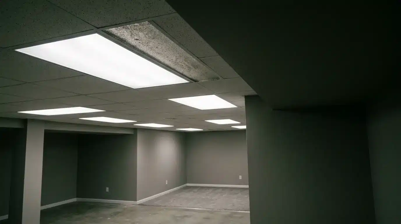 Dimly lit unfinished basement with exposed concrete floor and suspended ceiling tiles