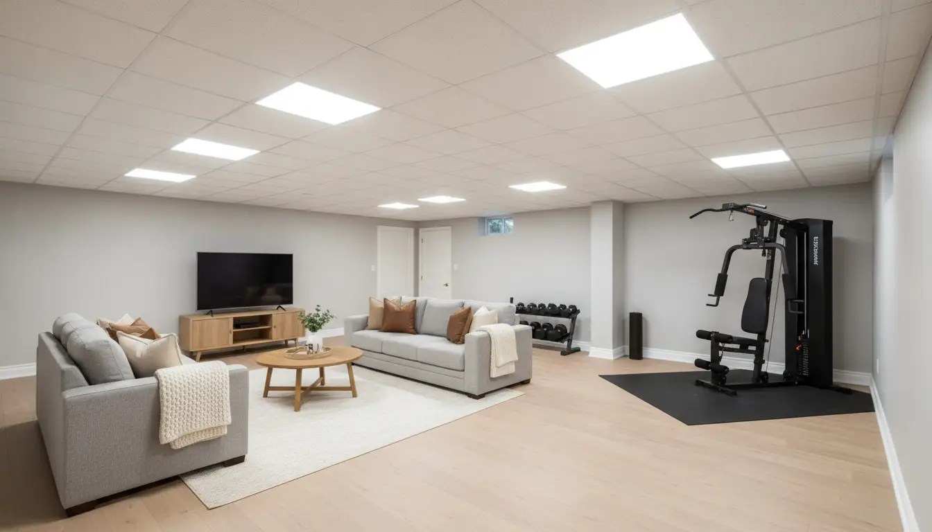 Basement living room with gray sofas, home gym equipment, and wooden TV stand