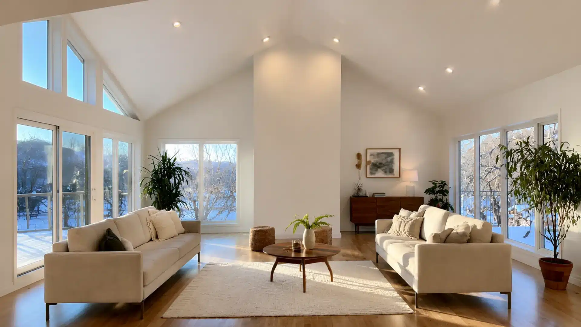 all white minimalist vaulted ceiling in a bright living room with sofas and large windows