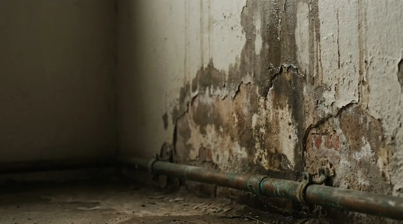 Peeling paint and corroded water pipe on damp, moldy wall in dimly lit room