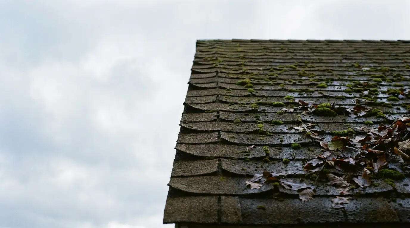 Weathered roof tiles with moss and fallen leaves against cloudy sky backdrop