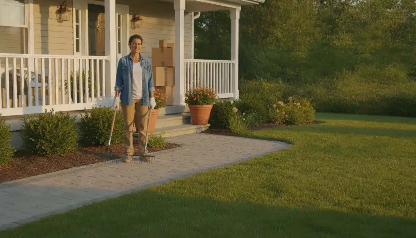 Person standing with rake on patio near garden in front of house with porch and potted plants