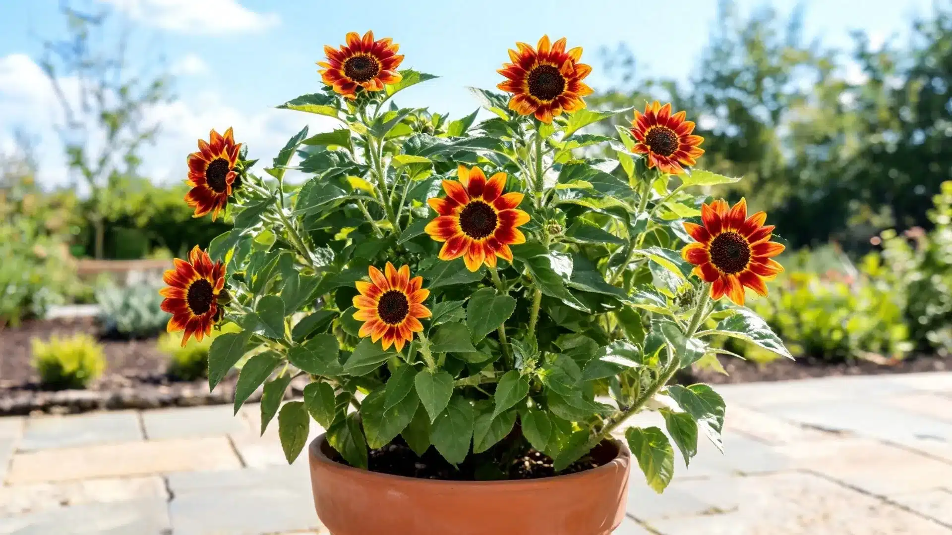 orange and red sunflower blooms growing in a terracotta pot with green leaves in a sunny garden setting