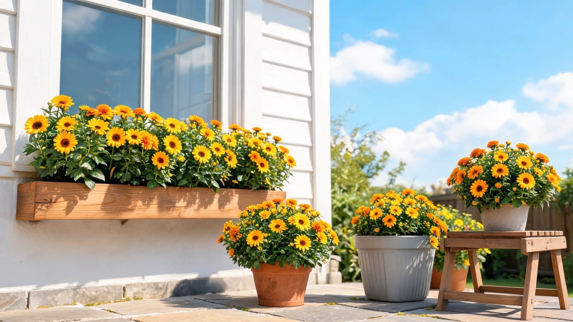 orange yellow flowers growing in window boxes and pots outside a white house with blue sky background