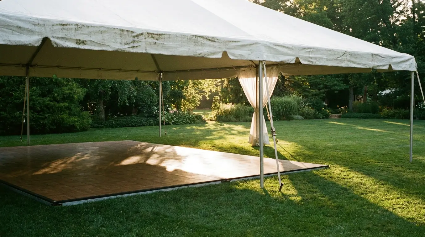 Outdoor white tent with wooden flooring on grassy lawn in sunlight