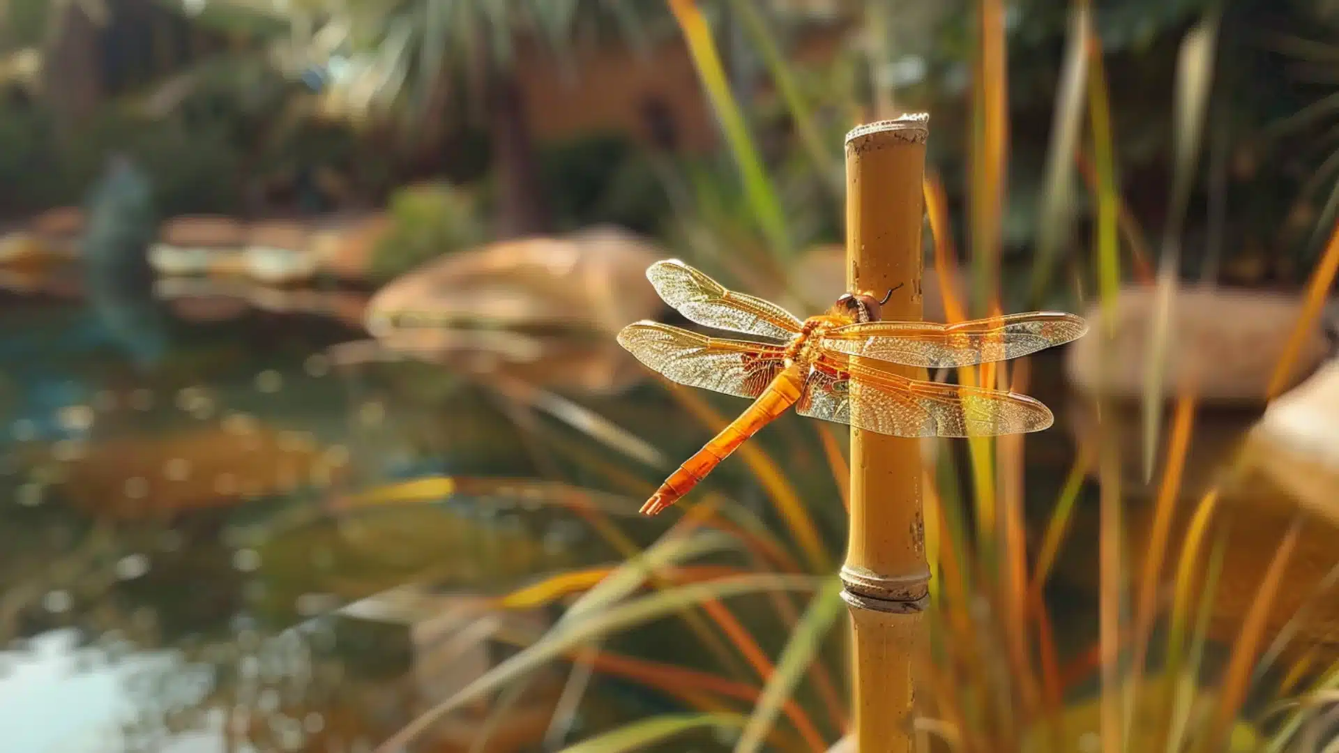 orange dragonfly perched on a bamboo stake near garden reeds and pond water.