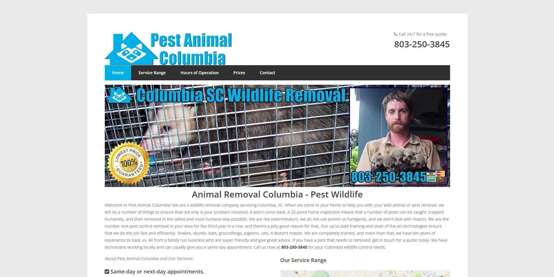 Man holding raccoons beside caged animal in pest control advertisement on web page